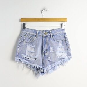 NWOT Shein high rise denim shorts distressed blue XS new summer fringe raw hem